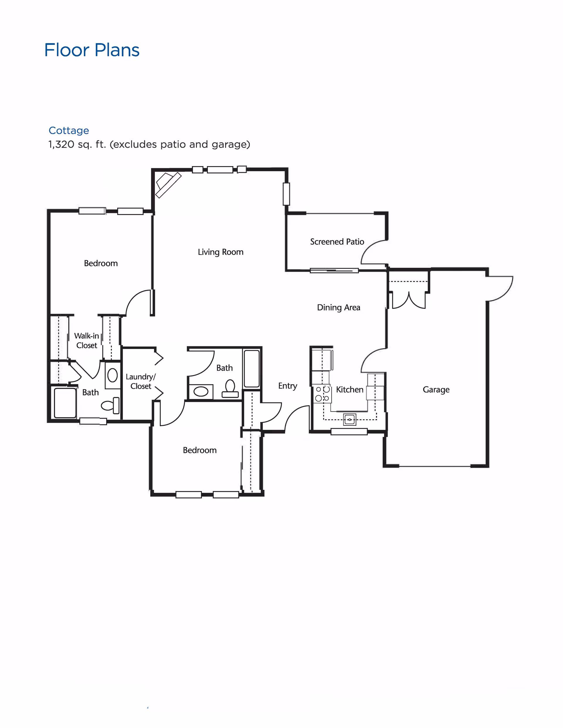 Floor plan of a cottage with 1,320 square feet excluding patio and garage. The layout includes two bedrooms, two bathrooms, a walk-in closet, a laundry/closet area, a living room, a screened patio, a dining area, a kitchen, an entry, and a garage.