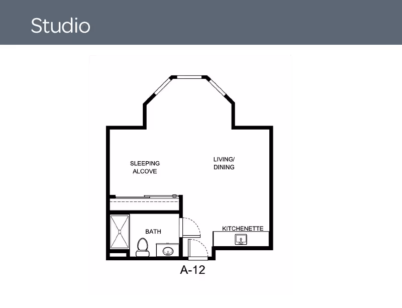 Floor plan of a studio apartment at Holiday Durham Regent showing a sleeping alcove, living/dining area, kitchenette, and bathroom.
