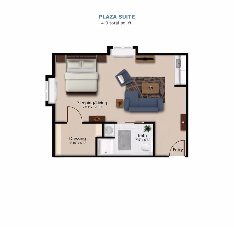 Floor plan titled Plaza Suite (410 sq. ft.) showing a combined sleeping/living area, dressing room, bathroom, kitchenette and entry.
