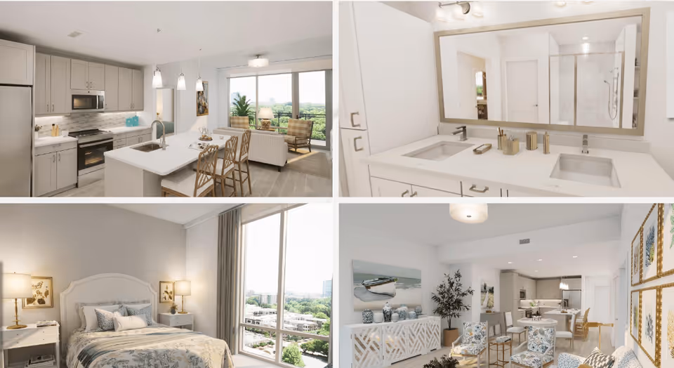 Collage of four interior images from The Village on Morehead facility showing a modern kitchen with an island and bar stools, a bathroom with double sinks and a large mirror, a bedroom with a bed and nightstands by a large window, and a living room area with chairs, a sideboard, and kitchen in the background.