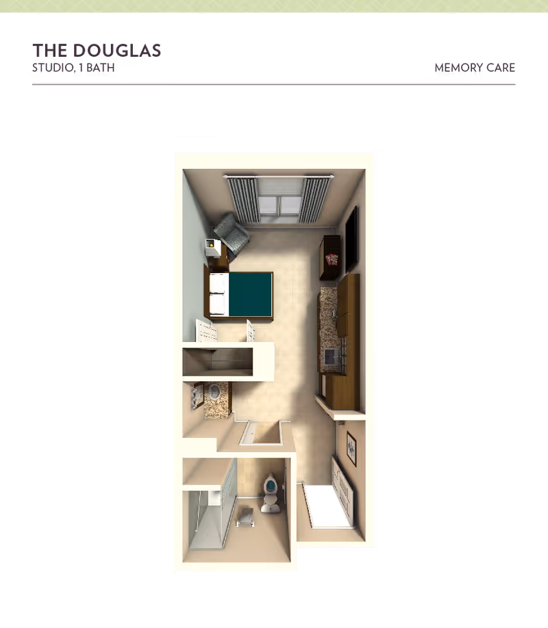 Floor plan of The Douglas studio apartment with one bathroom for memory care. The layout includes a sleeping area with a bed and chair near a window, a kitchenette with cabinets and appliances, and a bathroom with a toilet, sink, and shower.
