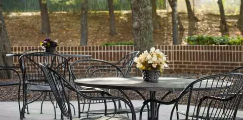 Outdoor patio with metal tables and chairs, potted flowers, and brick wall backdrop.