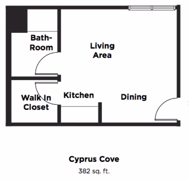 Floor plan layout of a living space named Cyprus Cove with 382 square feet, showing a bathroom, walk-in closet, kitchen, living area, and dining area.