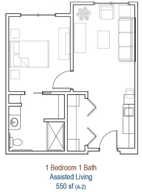 Black image with text reading "1 Bedroom 1 Bath Assisted Living 550 sf (A-2)" near the bottom.
