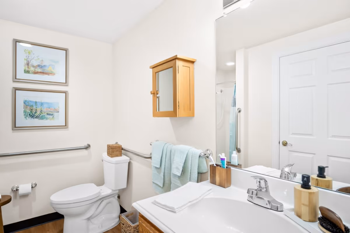 Well-lit accessible bathroom with a toilet, sink and mirror, wooden medicine cabinet, grab bars and teal towels.
