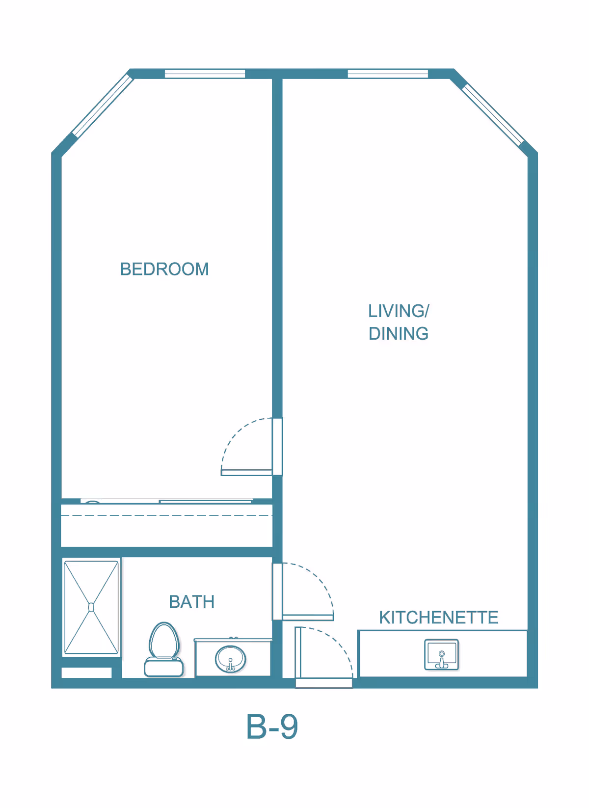 Floor plan layout of a senior living unit labeled B-9 at La Mirada Heights, showing a bedroom, a combined living and dining area, a bathroom with a shower, toilet, and sink, and a kitchenette with a sink.