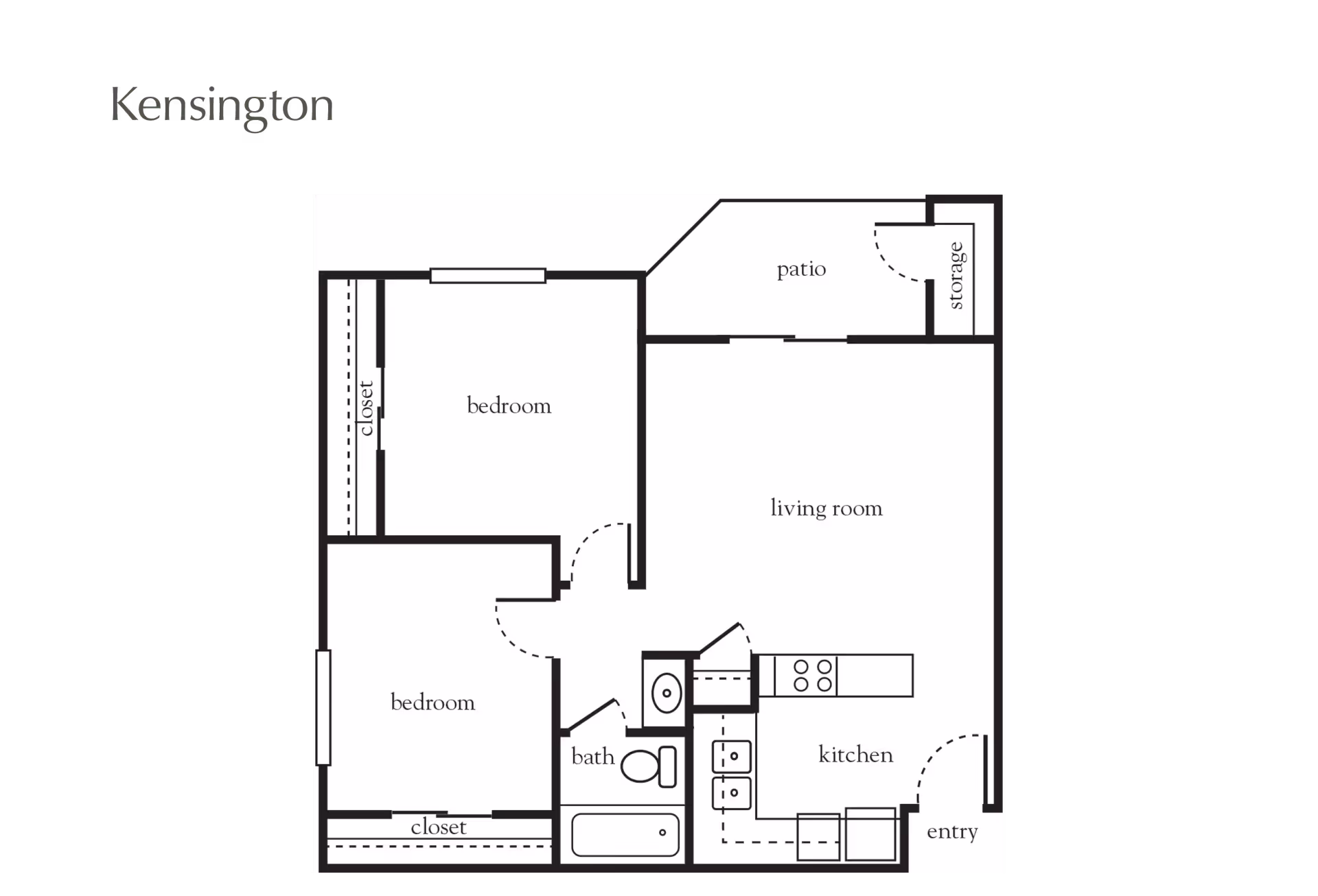 Floor plan labeled Kensington showing two bedrooms, a bathroom, kitchen, living room, patio, storage, and entry area.