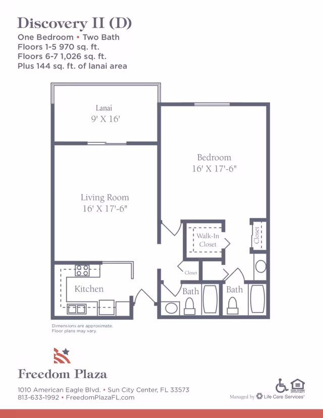 Floor plan for Discovery II (D) at Freedom Plaza showing one bedroom and two bathrooms. The layout includes a lanai measuring 9 by 16 feet, a living room 16 by 17 feet 6 inches, a kitchen, a bedroom 16 by 17 feet 6 inches with a walk-in closet, two bathrooms, and additional closets. Dimensions are approximate and floor plans may vary.