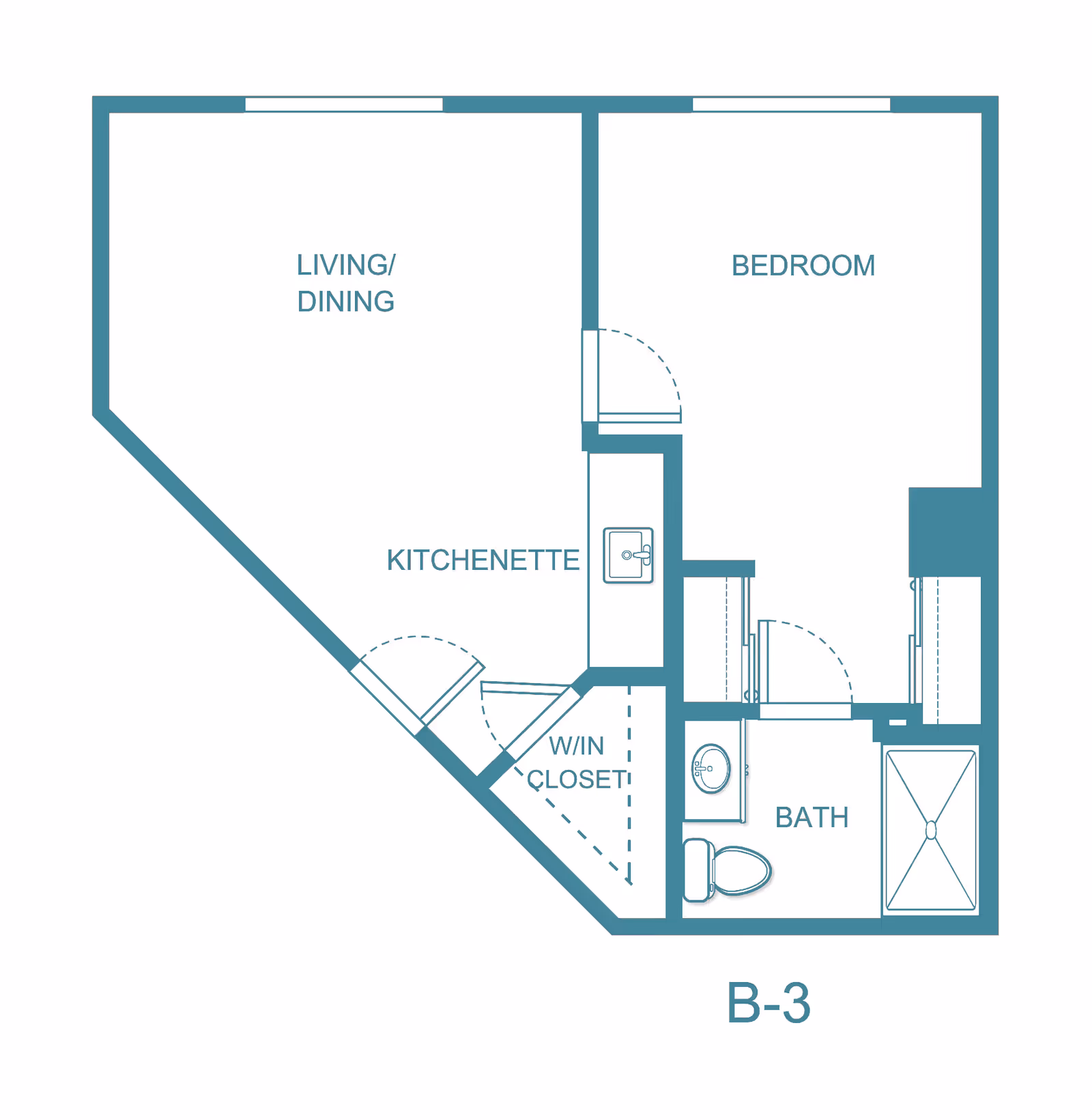 Floor plan layout of a one-bedroom apartment labeled B-3 at Venetian Gardens - Sky Active Living, showing a living/dining area, kitchenette, walk-in closet, bedroom, and bathroom with a shower, toilet, and sink.