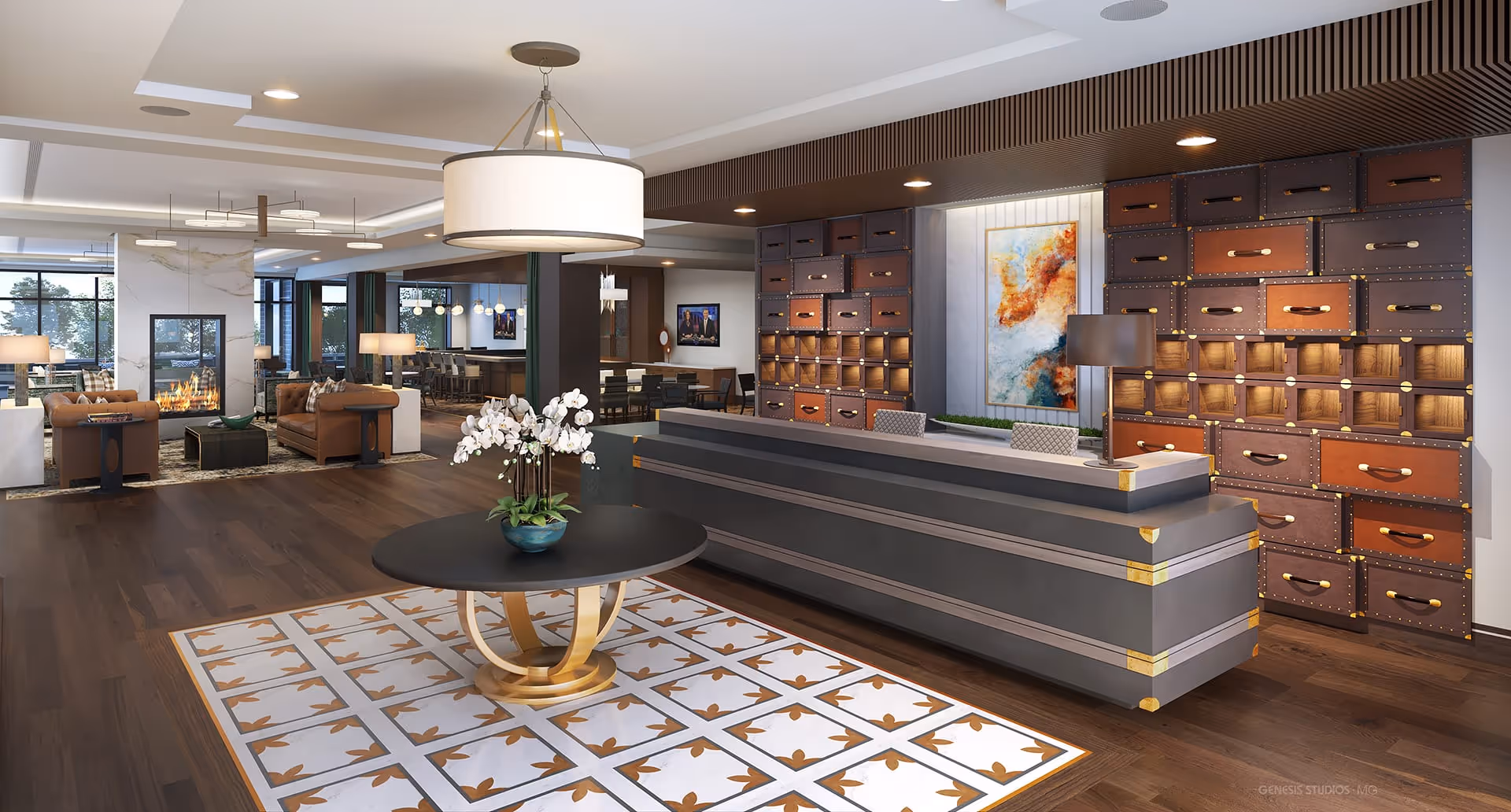 A spacious and modern senior living facility lobby with a large reception desk featuring multiple drawers, a round table with a potted orchid in the center, and a seating area with brown leather sofas and a fireplace in the background. The room has wooden flooring, contemporary lighting fixtures, and large windows letting in natural light.