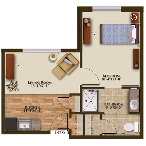 Floor plan of a one-bedroom apartment at Harmony at Spring Hill showing a living room with a TV and chair, a kitchen with a sink and stove, a bedroom with a bed and TV, and a bathroom with a shower, sink, and toilet.