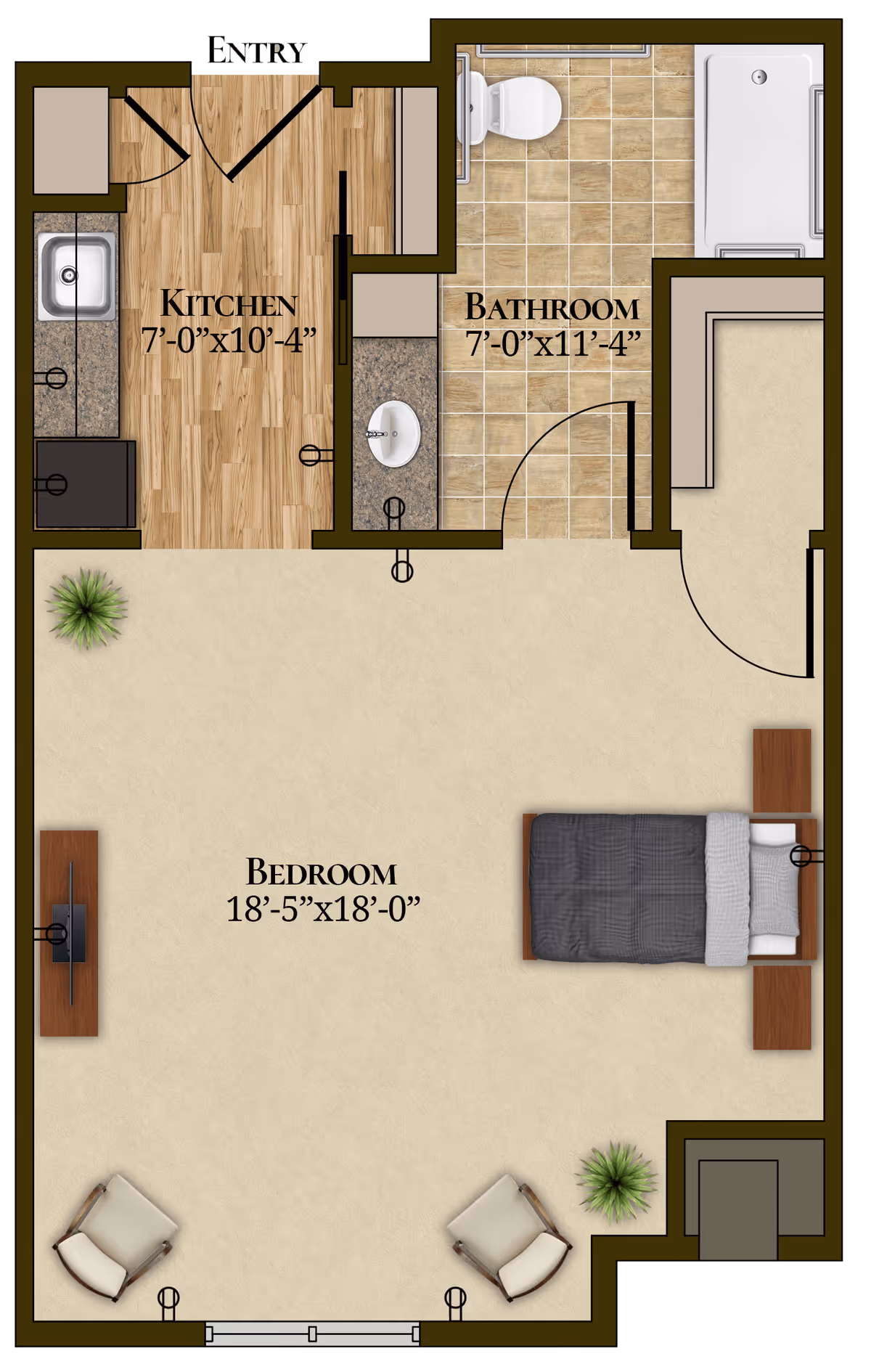 Floor plan of an assisted living unit at The Harmony Collection at Roanoke, showing a kitchen area with sink and stove, a bathroom with toilet, sink, and bathtub, and a large bedroom with a bed, two chairs, a TV on a stand, and two plants.