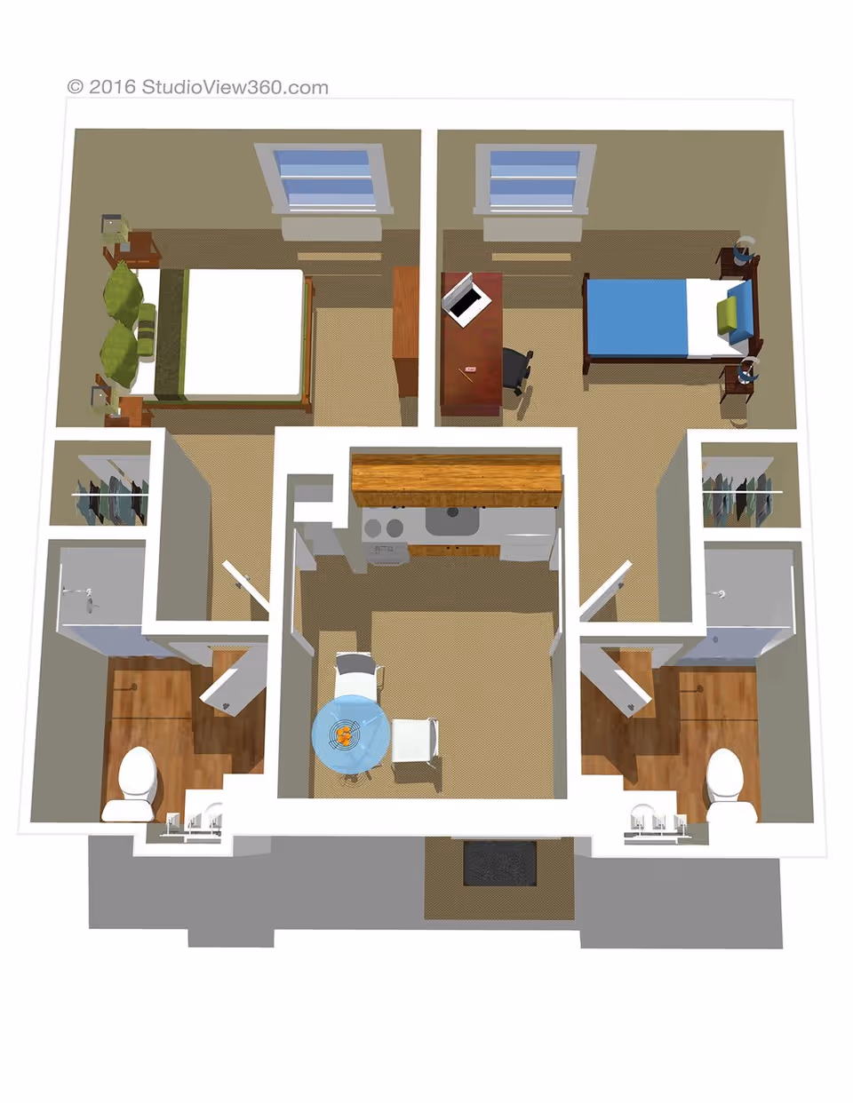 Top-down 3D floor plan of a two-bedroom apartment with two bathrooms, a kitchen area with a dining table and chairs, and closets in each bedroom. One bedroom has a double bed with green pillows, the other has a single bed with blue bedding and a desk with a laptop.