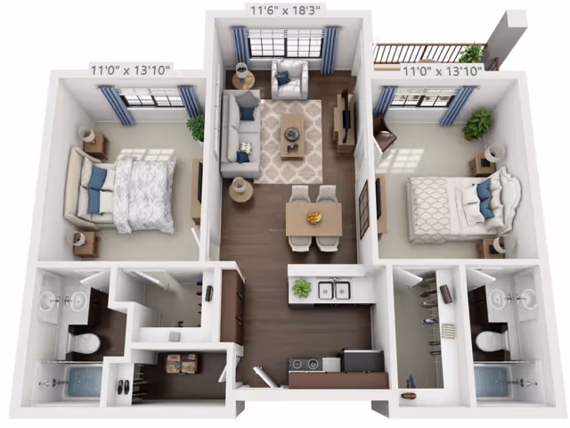 3D floor plan of a two-bedroom apartment with two bathrooms, a kitchen, and a living room. The living room has a sofa, armchair, coffee table, TV, and a dining table with four chairs. Each bedroom has a bed, nightstands, and windows with blue curtains. Both bathrooms include a sink, toilet, and shower. The kitchen features a sink, stove, and refrigerator. There is also a balcony accessible from the living room.