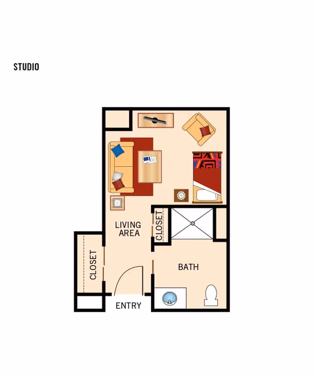 Illustrated studio floor plan showing an entry, living area with sofa and chair, a bed alcove, closets, and a bathroom.