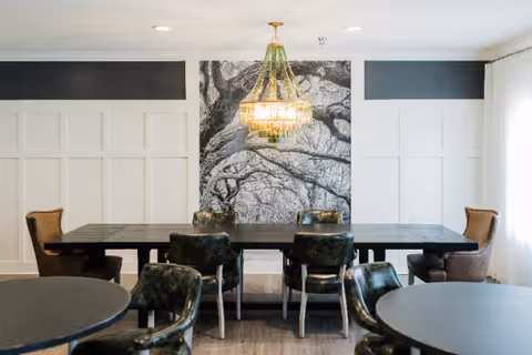 A dining room with a long rectangular black table surrounded by six chairs, four of which are dark green and two are brown. There is a large chandelier hanging above the table and a black and white mural of tree branches on the wall behind it. The room has white paneled walls with dark gray accents near the ceiling and light-colored curtains on the right side.