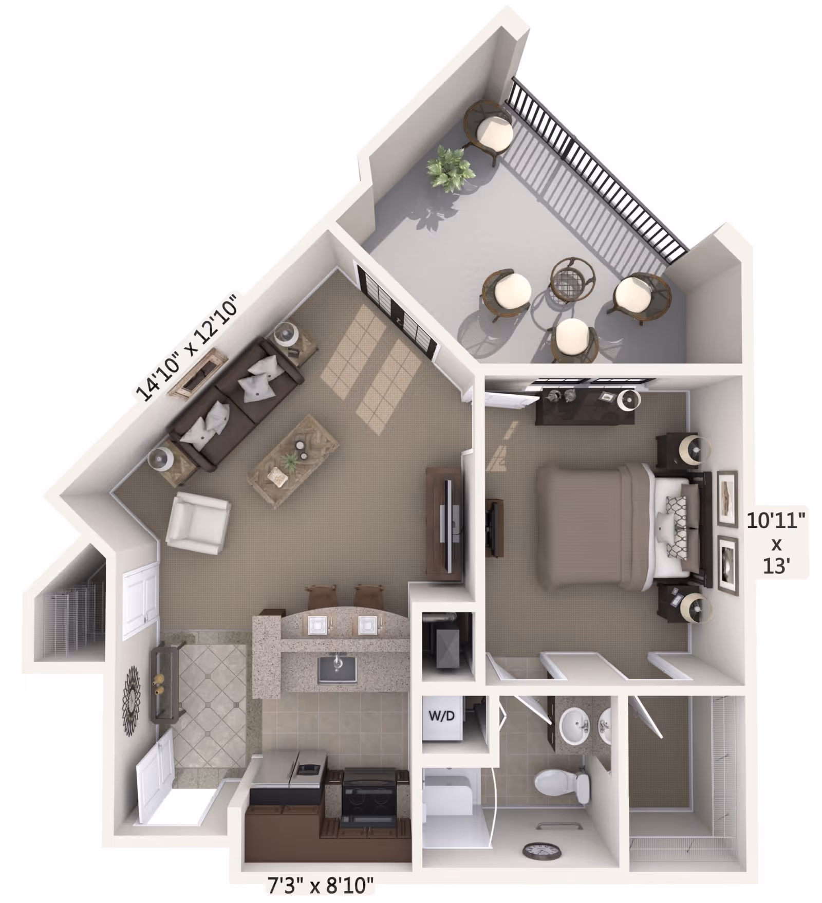 3D floor plan of a senior living apartment at Addington Place of Jupiter featuring a living room with a sofa, armchair, coffee table, and TV, an adjacent kitchen with a stove, refrigerator, and sink, a bedroom with a bed, nightstands, and dresser, a bathroom with a toilet, sink, and shower, a washer/dryer closet, and a balcony with four chairs and a small table.