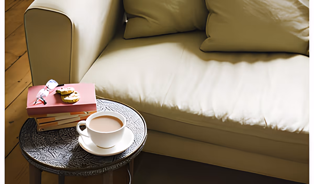 A cozy beige sofa with two cushions next to a small round textured side table holding a white cup of coffee on a saucer, a stack of books, a pair of reading glasses, and some cookies.