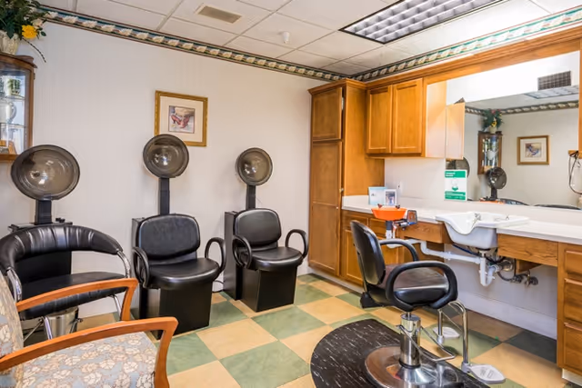 Interior salon area with three hooded hairdryers, styling chairs, a sink and a large mirror.