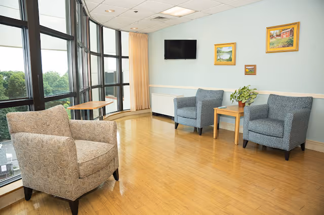 A bright sitting area with large floor-to-ceiling windows showing a view of trees outside. The room has light blue walls with three framed paintings, a wall-mounted flat screen TV, two blue upholstered armchairs, a beige patterned armchair, and two wooden side tables, one with a potted plant.