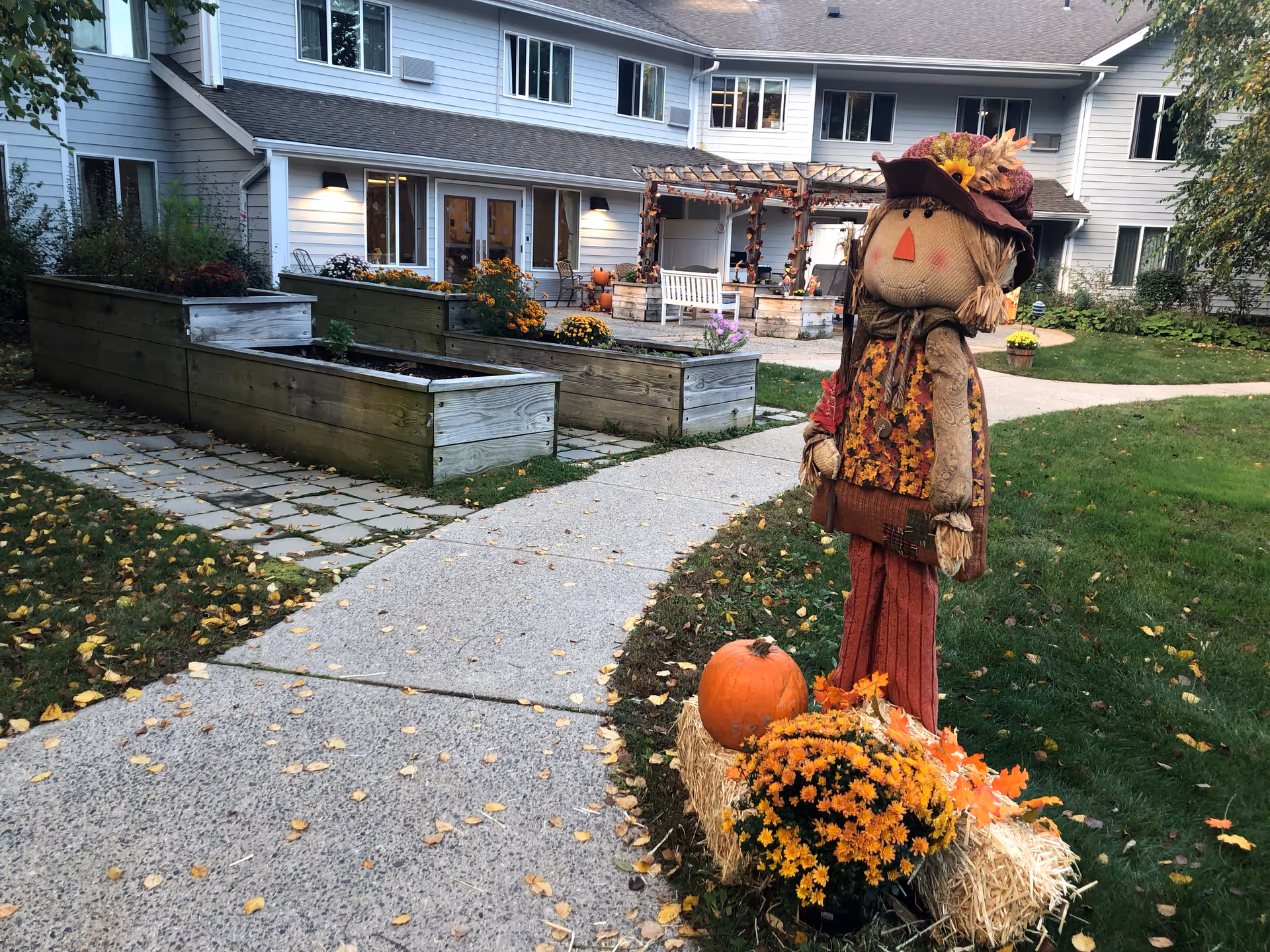 Outdoor garden area at Birchwoods at Canco Senior Living featuring a scarecrow decoration dressed in autumn-themed clothing, a pumpkin, and a pot of orange flowers placed on a hay bale. The background shows a two-story building with white siding, windows, a pergola decorated with fall leaves, and raised garden beds with flowers.