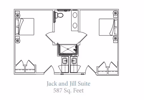 Architectural floor plan of a Jack and Jill Suite measuring 587 square feet, showing two bedrooms each with a bed and closet, connected by a shared bathroom with two sinks, a toilet, and a shower.