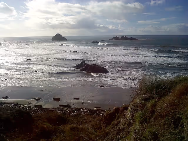 Rocky ocean shoreline with waves, offshore rocks, and a cloudy sky.