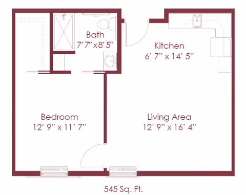 Floor plan of a 545 square feet apartment at Highgrove at Tates Creek showing a bedroom, bath, kitchen, and living area with dimensions for each room.