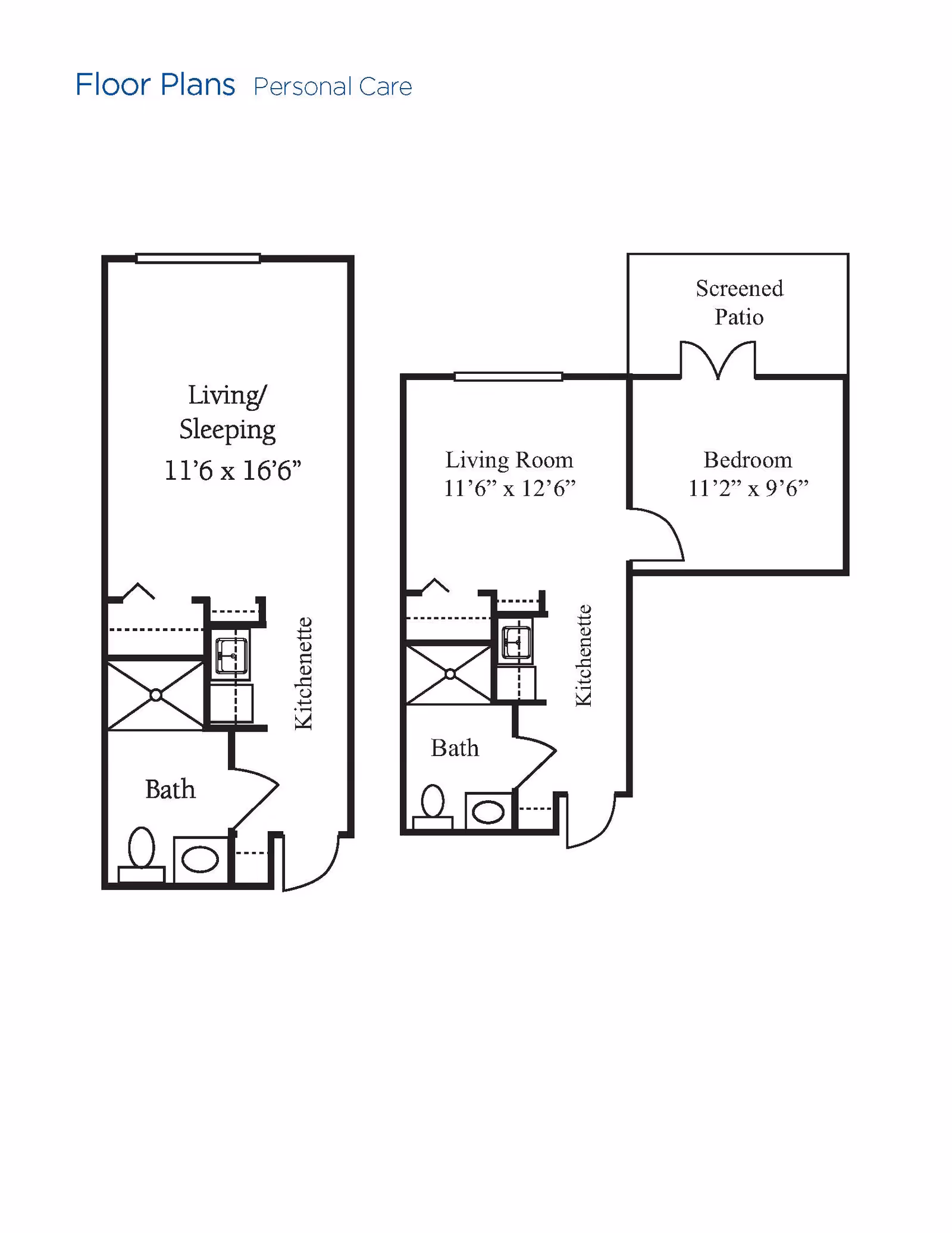 Floor plan layout for personal care units at Brookdale Chambrel Roswell showing two different apartment configurations. The first layout includes a combined living and sleeping area measuring 11 feet 6 inches by 16 feet 6 inches, a kitchenette, and a bathroom. The second layout features a living room measuring 11 feet 6 inches by 12 feet 6 inches, a separate bedroom measuring 11 feet 2 inches by 9 feet 6 inches with a screened patio, a kitchenette, and a bathroom.