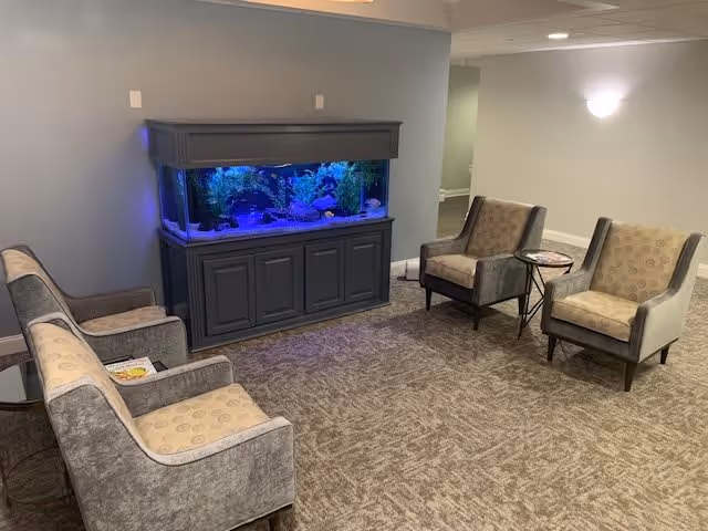 A cozy sitting area with four upholstered armchairs arranged around a large aquarium set against a light blue wall. The carpeted floor and soft lighting create a warm and inviting atmosphere.