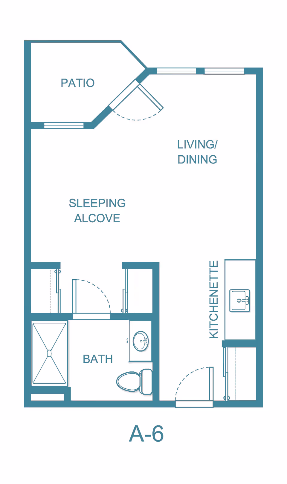Floor plan of a senior living unit labeled A-6 showing a patio, living/dining area, sleeping alcove, kitchenette, and a bathroom with a shower, toilet, and sink.