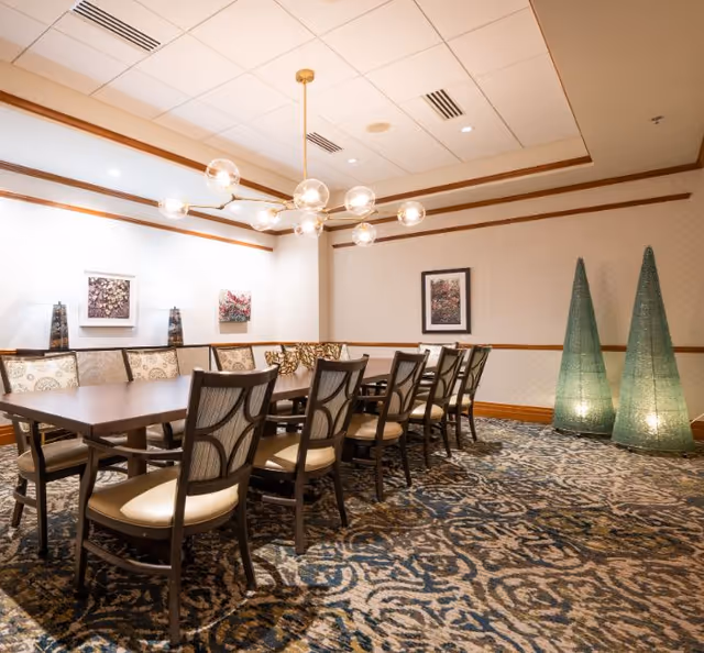 A well-lit dining room with a long wooden table surrounded by cushioned chairs. The room features a patterned carpet, modern chandelier with globe lights, framed floral artwork on the walls, and two tall green decorative cone-shaped lamps in the corner.