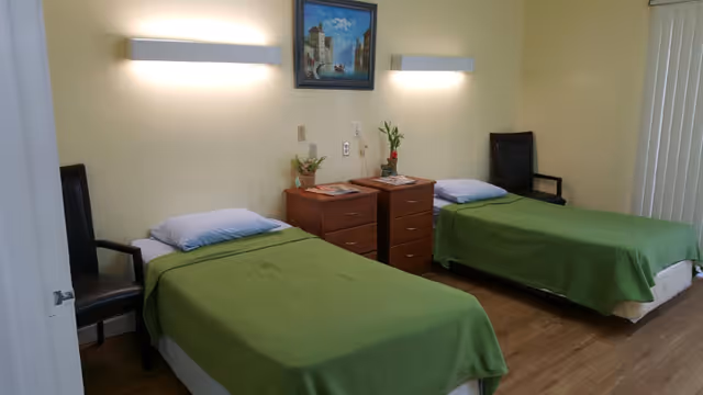 A simple bedroom with two single beds covered with green blankets and white pillows. Between the beds are two wooden nightstands with plants and magazines on top. Above the nightstands is a framed painting on the wall, and two wall-mounted lights illuminate the room. There are two dark wooden chairs placed near each bed, and vertical blinds cover a window on the right side.