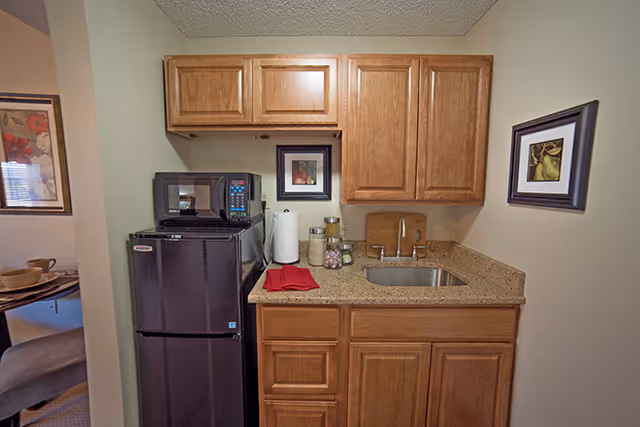 Small kitchenette area with wooden cabinets, a granite countertop, a stainless steel sink, a black mini refrigerator, and a black microwave on top of the refrigerator. There are two framed pictures on the walls and some kitchen items including paper towels, jars, and a red cloth on the counter.