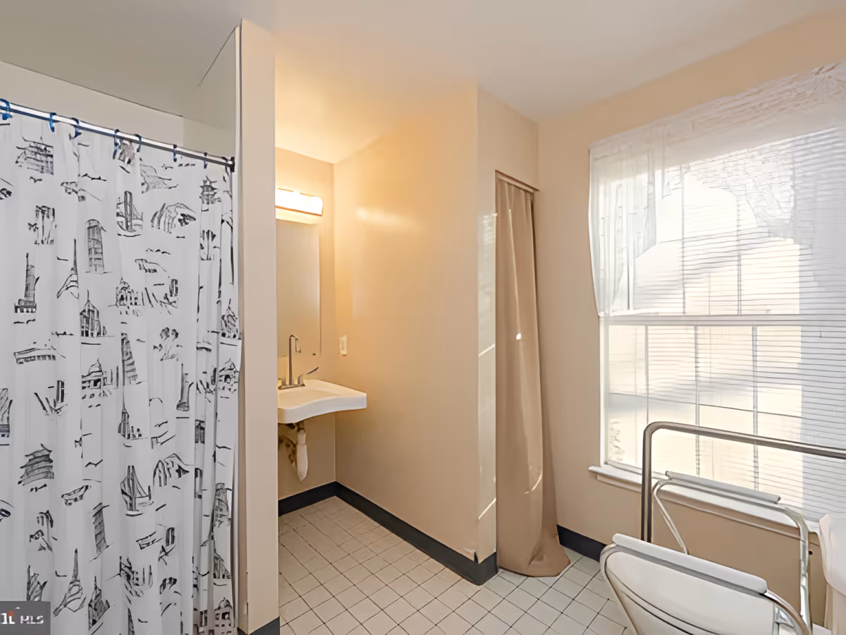 Accessible bathroom with a patterned shower curtain on the left, wall-mounted sink and mirror in the center, and a toilet with grab bars by a sunlit window on the right.