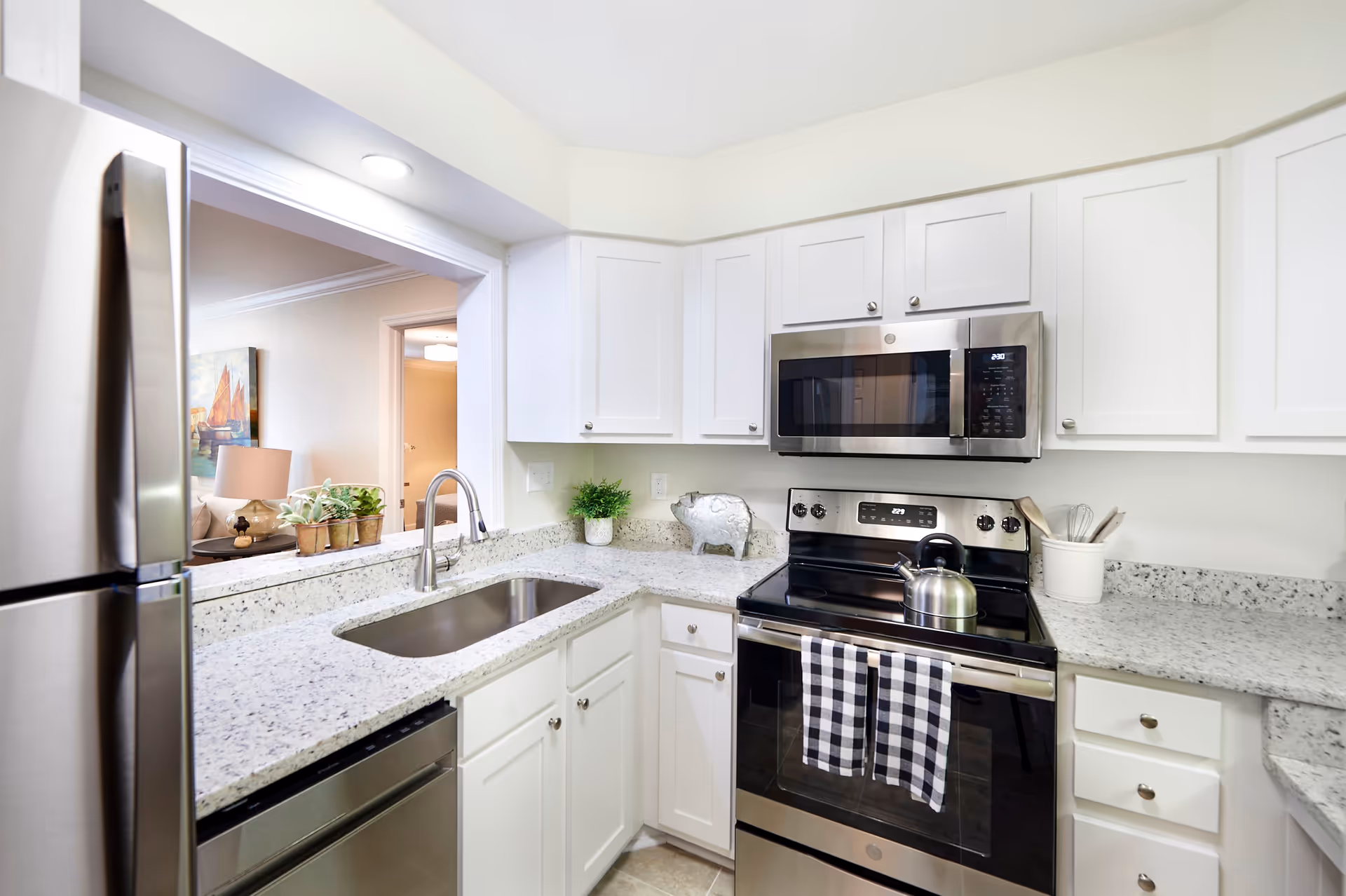 Modern kitchen with white cabinets, granite countertops, stainless steel refrigerator, stove with a kettle, microwave, and a sink. There are two checkered towels hanging on the oven handle and small decorative plants on the countertop. A pass-through window opens to a living area with a lamp and artwork visible.