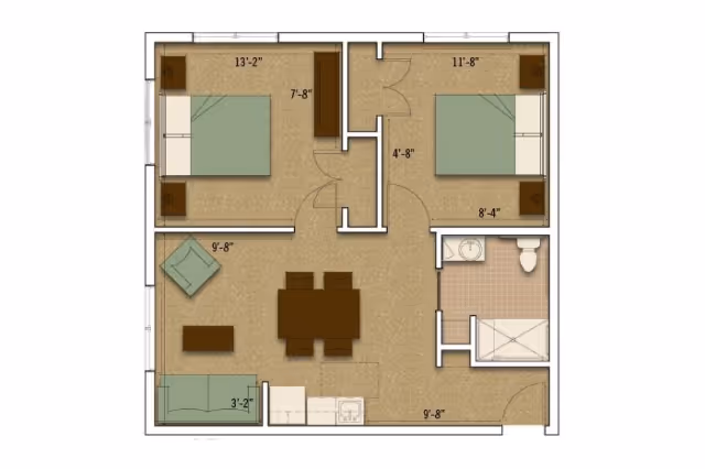 Floor plan of an assisted living apartment featuring two bedrooms, a living area with seating and a dining table, a kitchen, and a bathroom with a shower and toilet.