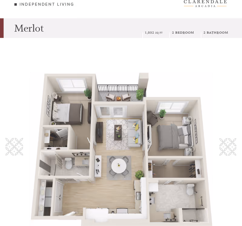 3D floor plan of a two-bedroom, two-bath apartment with living room, dining area, kitchen, and balcony labeled 'Merlot'.