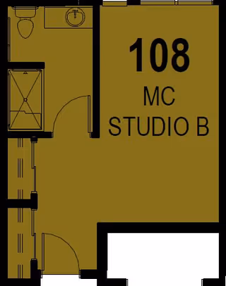 Architectural floor plan layout of a studio apartment labeled 108 MC Studio B, showing a bathroom with a toilet, sink, and shower, and an entry area.