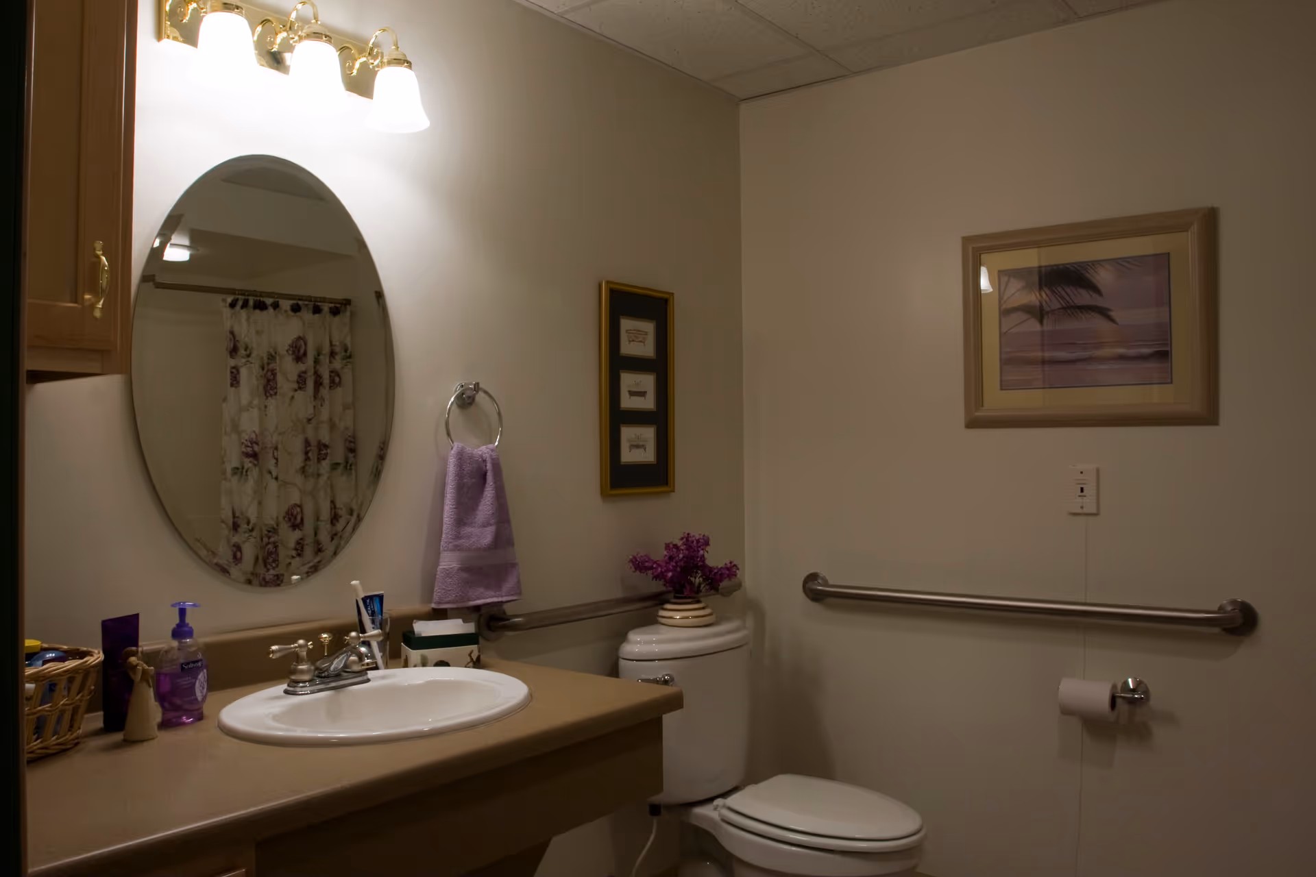 Interior view of a bathroom in Putnam Heritage Assisted Living featuring a sink with a countertop, an oval mirror above the sink, a purple hand towel hanging on a ring, a toilet with a vase of purple flowers on the tank, a grab bar on the wall next to the toilet, a toilet paper holder, and framed artwork on the walls.