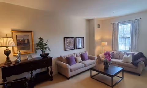A cozy living room with two beige sofas adorned with purple and white cushions, a dark wooden coffee table with a flower arrangement, a side table with a lamp, framed artwork on the wall, and a window with light curtains letting in natural light.