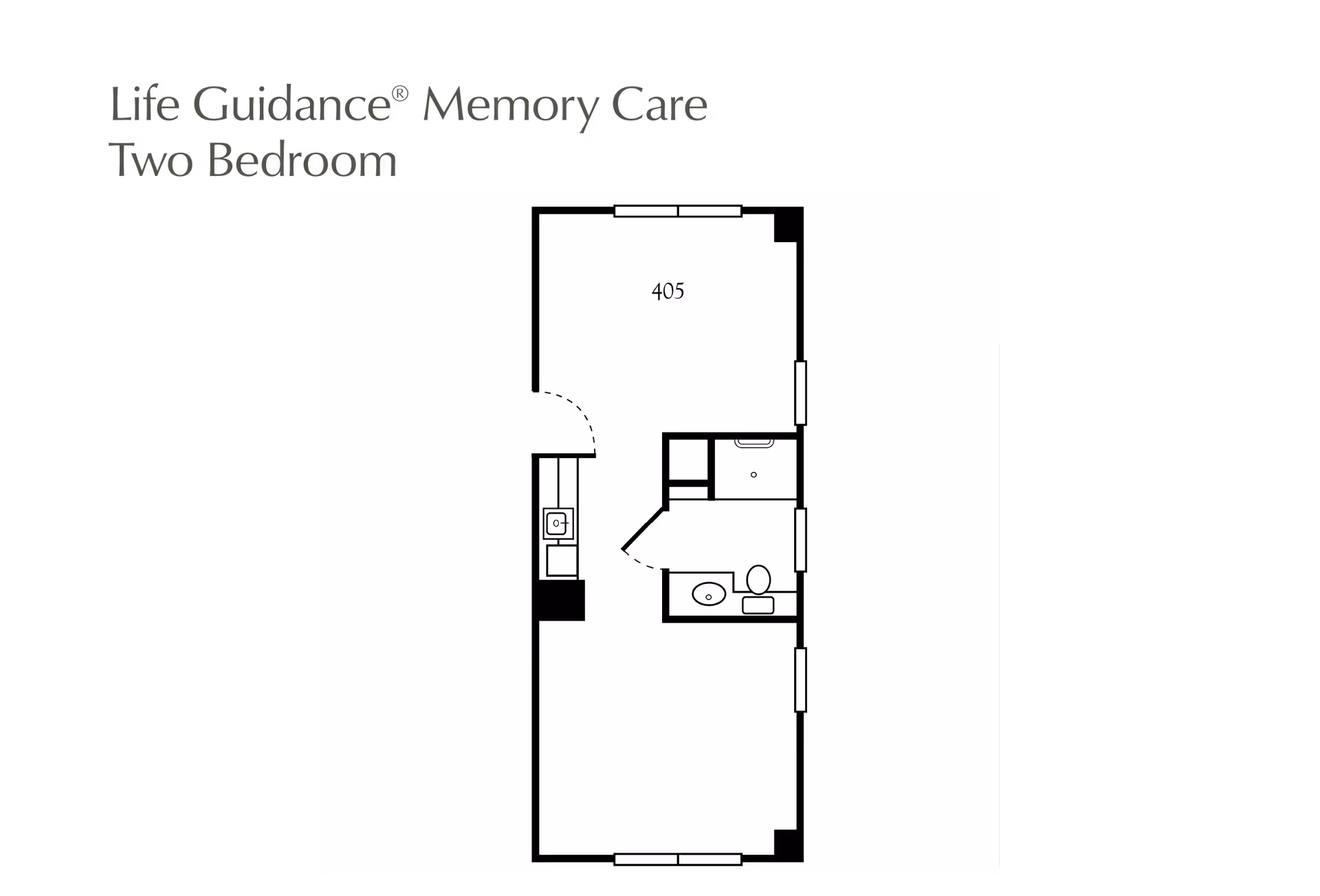 Black-and-white two-bedroom memory care floor plan labeled 405 showing room layout and a bathroom.