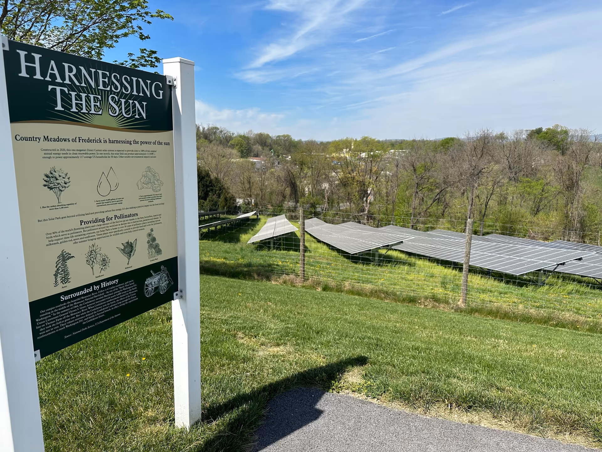 Outdoor scene showing a sign titled 'Harnessing The Sun' explaining Country Meadows of Frederick's solar energy initiative, with solar panels installed on a grassy hillside and trees in the background under a partly cloudy sky.
