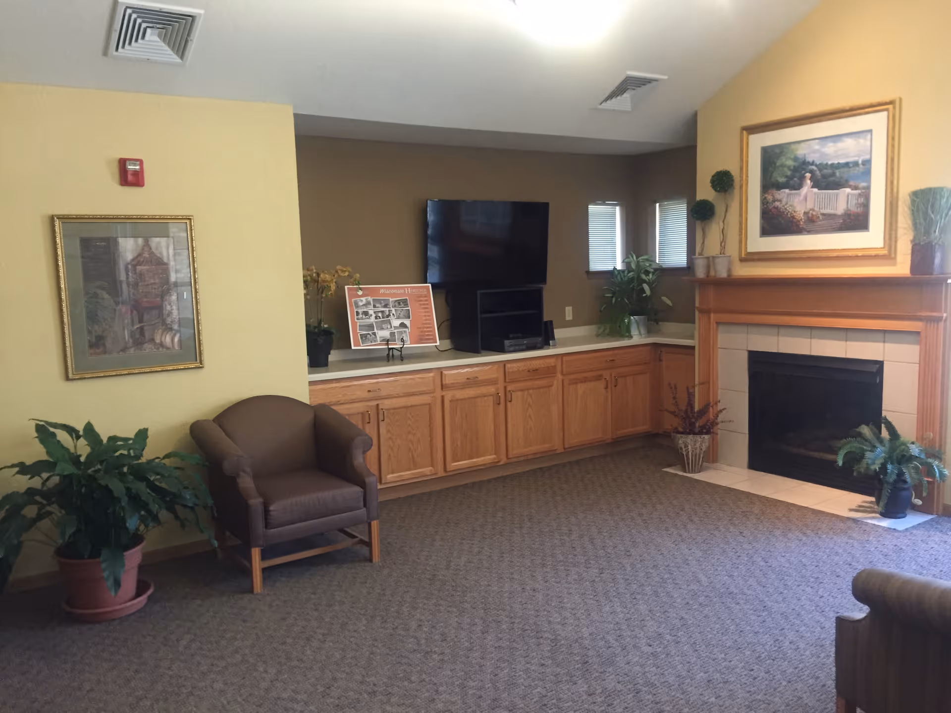 A cozy common room with armchairs, a TV on built-in cabinets, and a fireplace framed by artwork and plants.