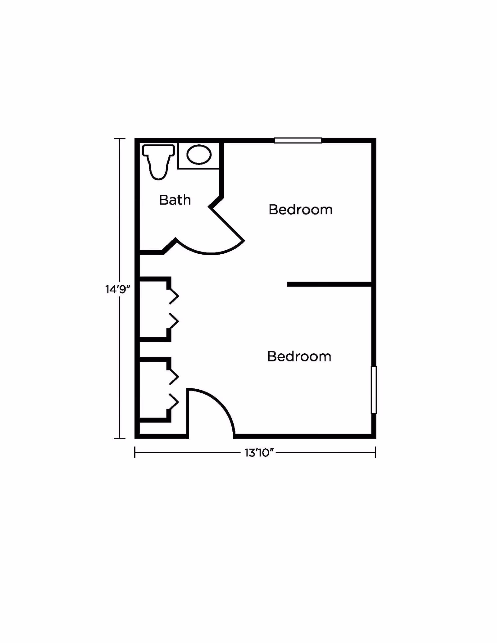 Floor plan showing a layout with two bedrooms and one bathroom. The bathroom includes a toilet and a sink. The dimensions of the entire space are 14 feet 9 inches by 13 feet 10 inches.