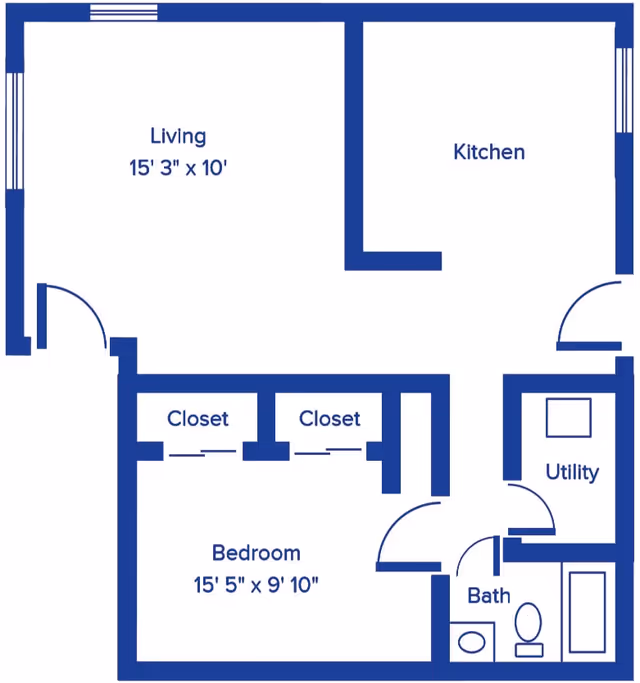 Floor plan layout of a living space showing a living room measuring 15 feet 3 inches by 10 feet, a kitchen, a bedroom measuring 15 feet 5 inches by 9 feet 10 inches with two closets, a bathroom with a toilet and bathtub, and a utility room.