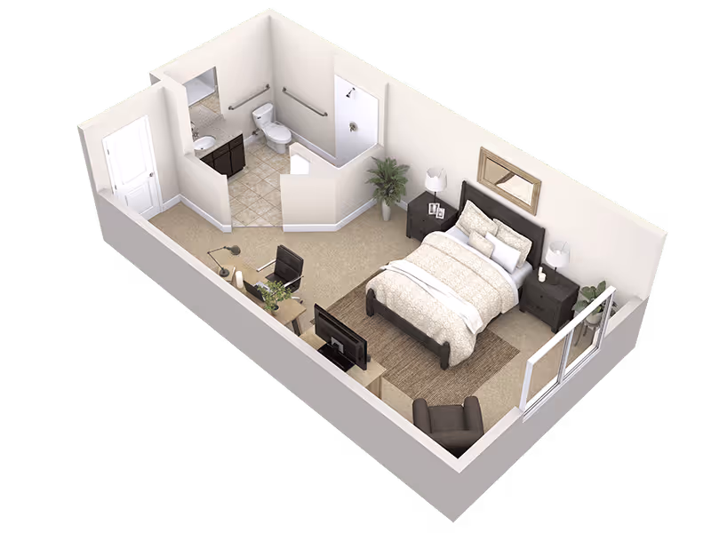 3D floor plan of a studio apartment featuring a bedroom area with a bed, two nightstands with lamps, a chair, a TV on a stand, and a desk with a chair. The apartment also includes a bathroom with a toilet, sink, and shower, and a small entryway.