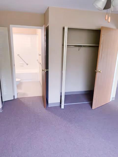 Interior view of an empty room with purple carpet, an open closet with sliding doors, and a door leading to a bathroom with a bathtub and toilet visible.