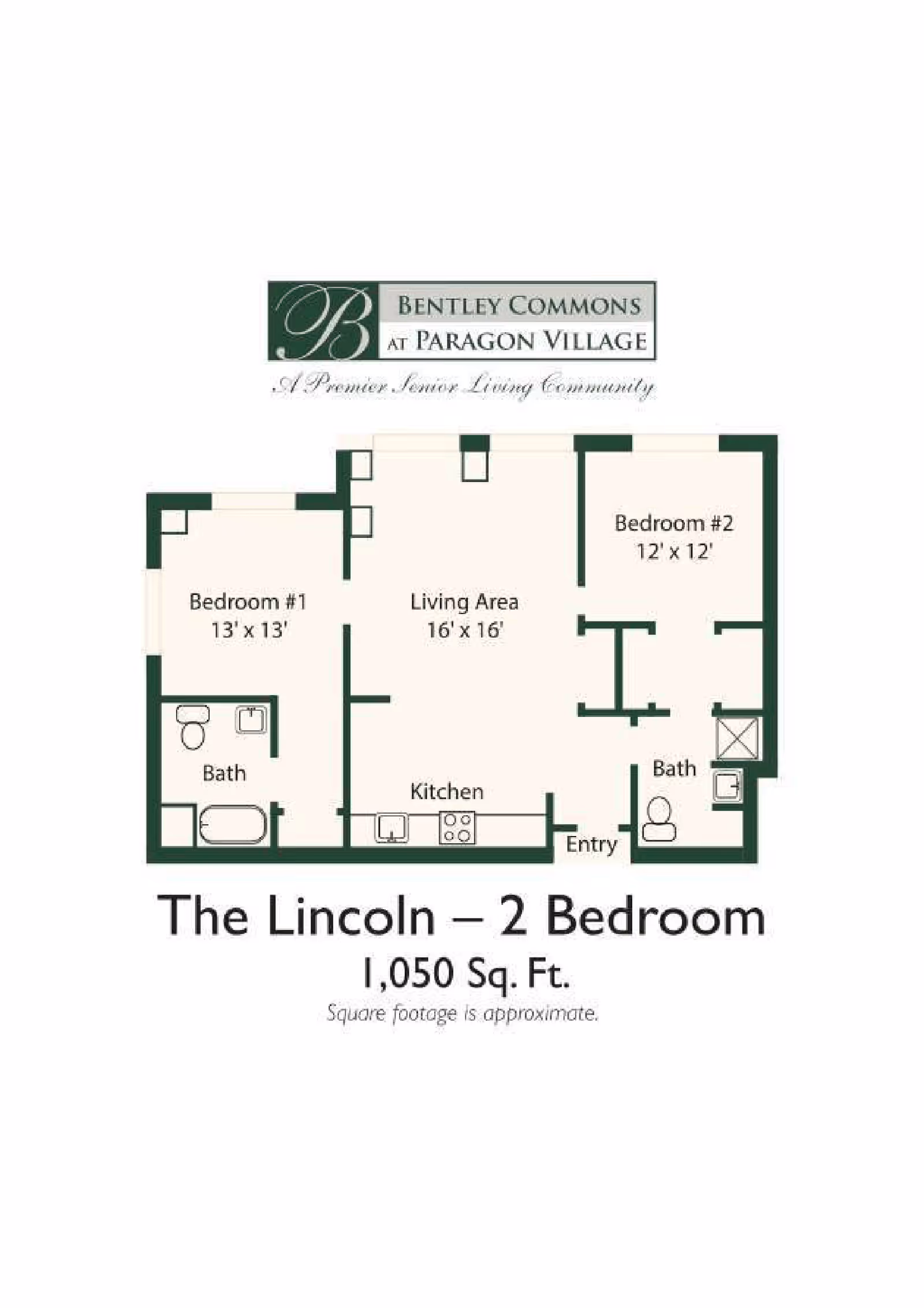 Floor plan of The Lincoln, a 2-bedroom apartment at Bentley Commons at Paragon Village, showing Bedroom #1 (13'x13'), Bedroom #2 (12'x12'), a living area (16'x16'), kitchen, two bathrooms, and an entry area. The total area is approximately 1,050 square feet.