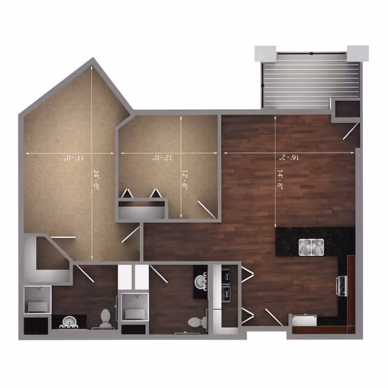 Floor plan of an apartment unit showing a large living area with kitchen, two bedrooms, two bathrooms, and a balcony. The living area and kitchen have dark wood flooring, while the bedrooms are carpeted. Measurements for each room are indicated.